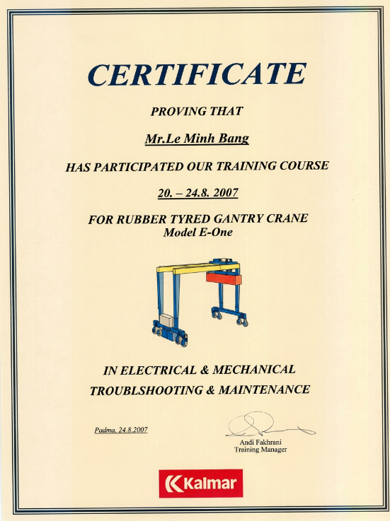 Chứng chỉ Khắc phục sự cố & Bảo trì Cẩu bánh lốp